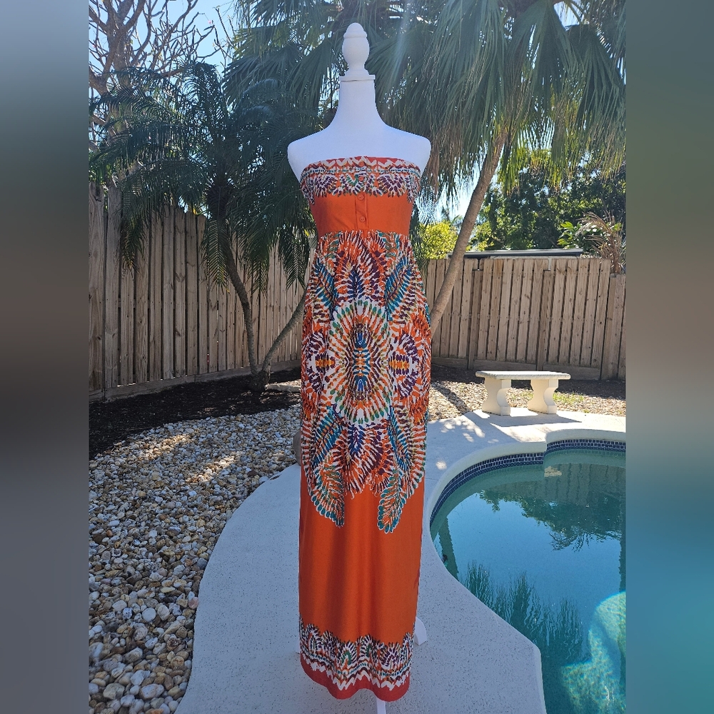 NEW Orange Maxi Dress Size XS Bohemian Strapless Resortwear Colorful Vacation - Picture 2 of 13